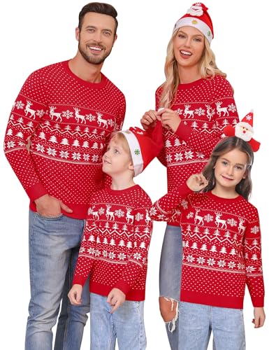 Migcaput Familie Weihnachtspullover Set Weihnachtspulli Christmas Herren Reindeer Pullover Damen Kinder Warm Sweater Strickpullover Jumper Pärchen Rot S-XXL von Migcaput