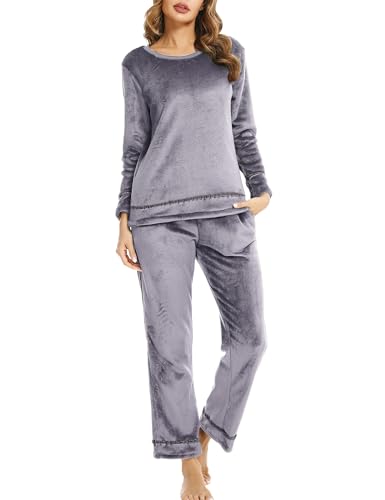 Migcaput Schlafanzug Damen Lang Fleece Winter Flanell Pyjama Nachtwäsche Langarm Hausanzug Plüsch Freizeitanzug Pyjama Set Grau L von Migcaput