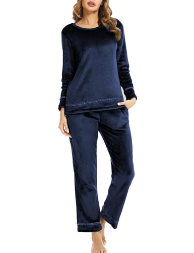 Migcaput Schlafanzug Damen Winter Thermo Pyjama Lang Fleece Hausanzug Nachtwäsche Zweiteiliger Flanell Freizeitanzug Set mit Tasche Navy blau XL von Migcaput