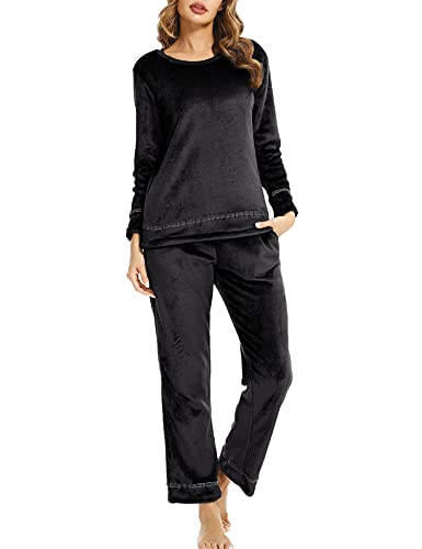 Migcaput Schlafanzug Damen Lang Fleece Pyjama Set Warm Hausanzug Winter Flauschig Nachtwäsche Loungewear Freizeitanzug mit Tasche Schwarz L von Migcaput