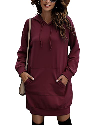 Migcaput Hoodie Damen Langarm Kapuzenpullover Dünn Langarm Sweatshirt Einfarbig Kleid Langarmshirt Oversize mit Kapuze Weinrot M von Migcaput