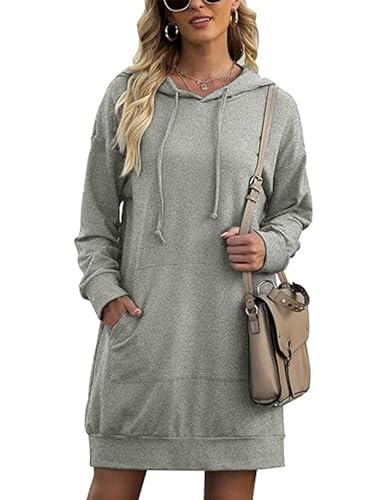 Migcaput Hoodie Damen Langarm Kleid Sweatkleid Kapuzenpullover Oversize Sweatshirts Casual Minikleid für Damen mit Taschen Dunkelgrau S von Migcaput