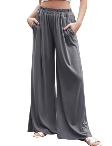 Migcaput Hose Damen Weite Bein Palazzo Pants Leicht Baumwolle High Waist Casual Jogginghose Elastisch Sommerhose mit Taschen Grau M von Migcaput