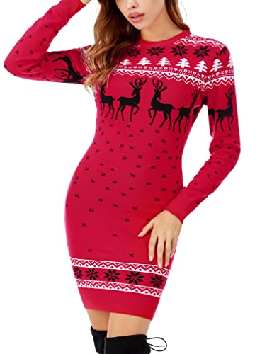 Migcaput Kleid Weihnachten Damen Pullover Knitted Dress Weihnachtskleider Festliche Kleider Frauen Weihnachtsoutfit Winter Ugly Christmas Sweater Weihnachts Pulli (Rot, L) von Migcaput