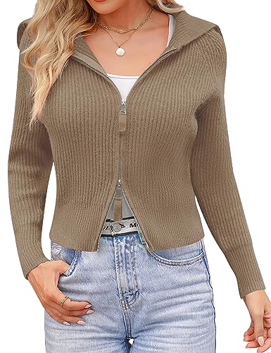 Migcaput Pullover Damen Kurzer mit Reißverschluss Langarm Sweater Strickpullover Strickjacke Revers Cardigan Gestrickter für Frauen Khaki L von Migcaput