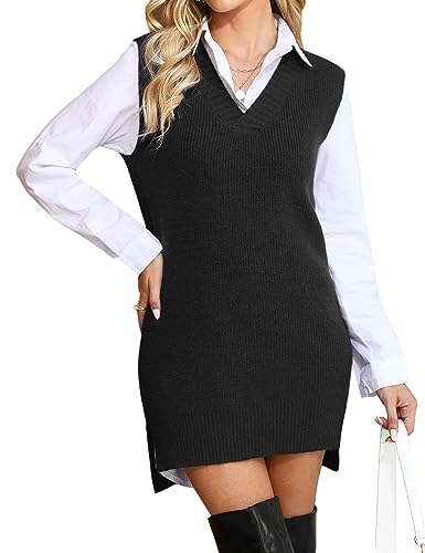 Migcaput Pullunder Damen V-Ausschnitt Strickweste Ärmellos Strickpullover Weste Oversize Casual Einfarbig für Frauen Schwarz L von Migcaput