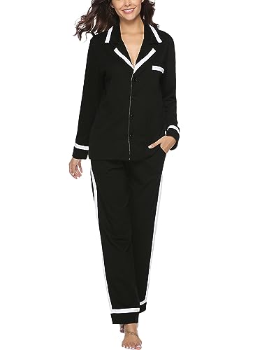 Migcaput Schlafanzug Damen Lang Pyjamas 100% Baumwolle Pyjama Damen Zweiteiliger Nachtwäsche Lounge Set Langarm Sleepwear Hausanzug für Frauen Schwarz XL von Migcaput