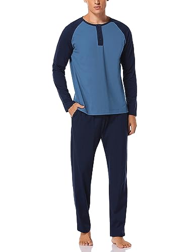 Migcaput Herren Pyjama Lang Schlafanzug Set 100% Baumwolle Rundhals Langarm Shirt mit Tasche Zweiteilig Pyjamahose Nachtwäsche Blau S von Migcaput