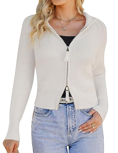 Migcaput Strickpullover Damen Lang Pullover mit Reißverschluss Kurzer Sweater Revers Strickjacke Winter Gestrickter Jacke für Frauen Weiß S von Migcaput