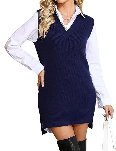 Migcaput Strickweste Damen Ärmellos Pullunder V-Ausschnitt Pullover Grobstrick Strickpulli Einfarbig Tank Top für Frauen Navy blau L von Migcaput