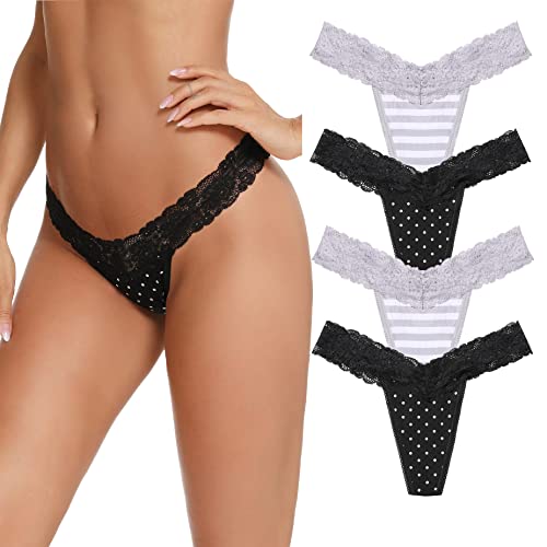 Migcaput String Tanga Damen Spitze Unterhosen Baumwolle Nahtlose Unterwäsche Frauen Atmungsaktiv Strings Thong Mehrpack - T#B - Schwarz*2+Grau*2, L von Migcaput