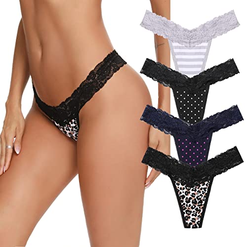 Migcaput String Tanga Damen Spitze Unterhosen Baumwolle Nahtlose Unterwäsche Frauen Atmungsaktiv Strings Thong Mehrpack - T#B - Schwarz+Grau+Marineblau+Leopard, XXL von Migcaput