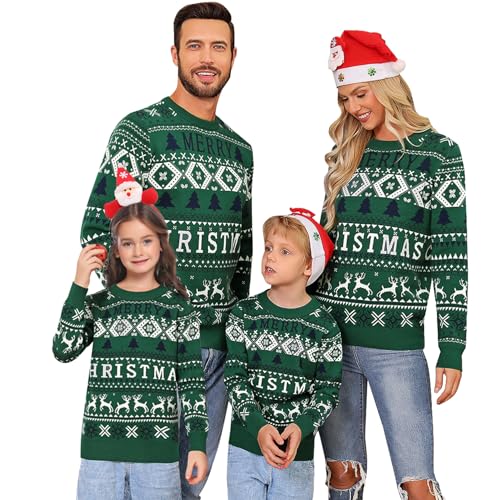 Migcaput Weihnachtspullover Damen Strickpullover Herren Eltern-Kind Knitted Rundhals Weihnachtspulli Winterpullover Christmas Reindeer Unisex Pärchen Sweater Grün 10 von Migcaput