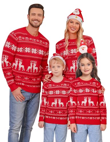 Migcaput Weihnachtspullover Familie Weihnachten Pullover Set Pärchen Ugly Christmas Pullover Gestrickte Strickpullover Winterpullover Herren Kinder Rot XXL von Migcaput