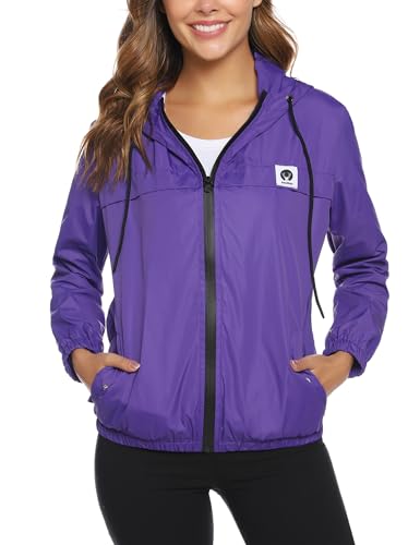 Regenjacke Damen Wasserdicht Atmungsaktiv Dünn Regenmantel Leichte Jacke Windbreaker Sportjacke Fahrradjacke Mit Kapuze PU XL von Migcaput