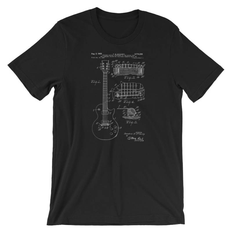 E-Gitarre Patent-T-Shirt. Gitarrist Geschenk, Gitarre Kunstdruck Shirt. Erhältlich in Schwarz-Rot-Weiß Oder Grau von MightyCircus