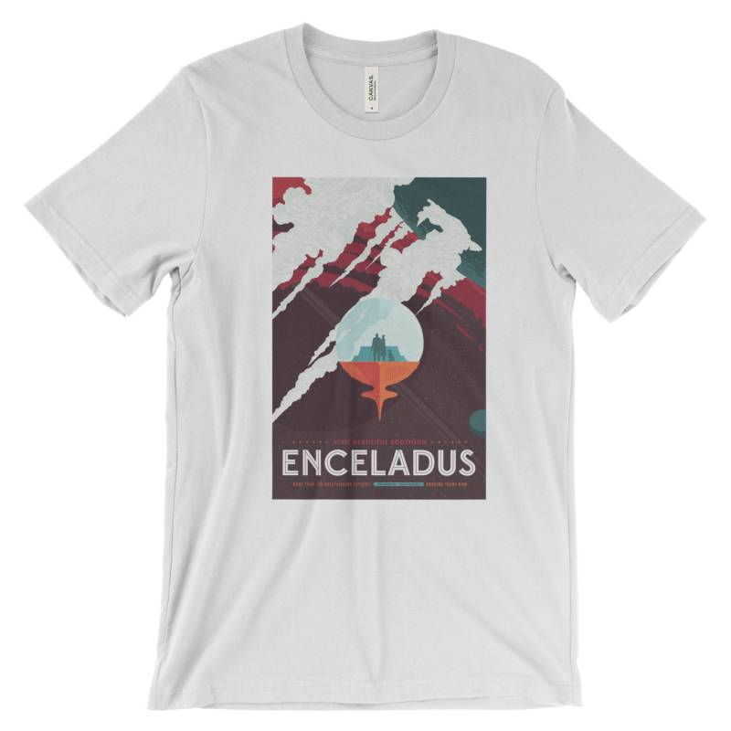 Enceladus Poster Print T-Shirt Von Der Nasa. Raumfahrt. Ringspun Weiche Baumwolle T-Shirt. Größen S-3 X. Erhältlich in Schwarz, Rot, Weiß Oder Grau von MightyCircus