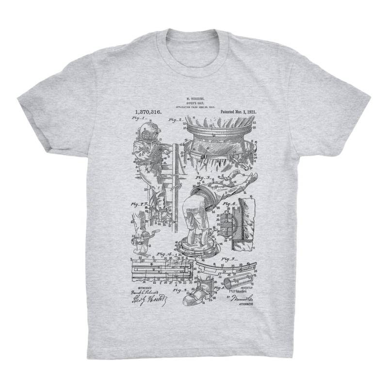 Houdini Taucher Anzug Patent. Harry Houdini. Tauchen. Zauberer. Ringgesponnene Baumwolle T-Shirt. Unisex. Größen S-3 X. Schwarz, Rot, Weiß Oder Grau von MightyCircus