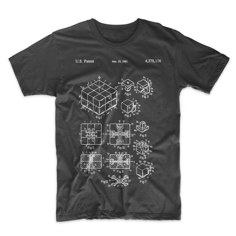Rubik's Cube Patent T-Shirt. Patentkunst. Zauberwürfel Shirt. Weiches Baumwoll Bauplan. Schematisch. Spaß Geschenk. Auf Schwarz, Weiß, Rot Oder Grau von MightyCircus