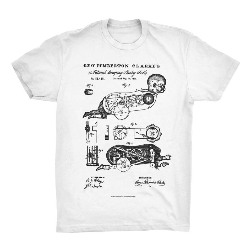 Schleichende Puppe Patent T-Shirt. Spielzeug-Patent-Shirt. Ringgesponnene Baumwolle Unisex. Bequem. Größen S-3 X. Schwarz, Rot, Weiß Oder Grau von MightyCircus