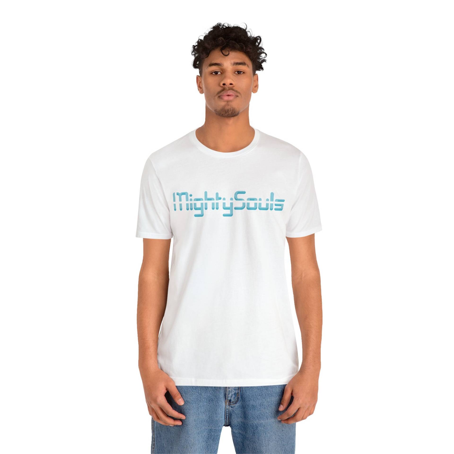 Mightysouls T-Shirt - Unisex Hellblaue Schrift in 5 Farben 6 Größen Reflect Positivity Durch Energetisierende Kleidung von MightySoulsStore