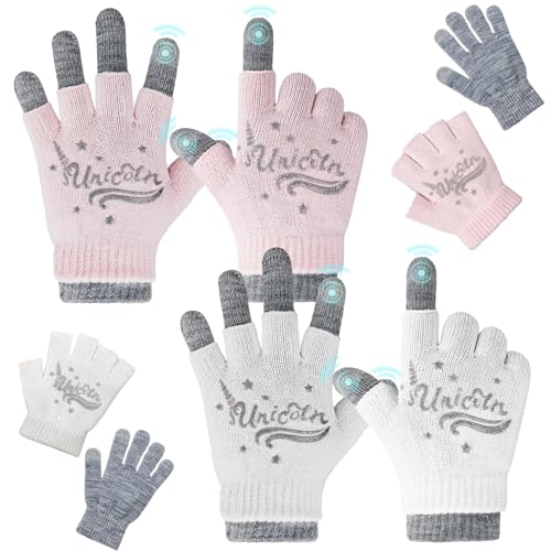Migliore Wear 2 Paar Winter Kinder Handschuhe, 3 in 1 Touchscreen Kinder Strickhandschuhe, Warme Zauberhandschuhe für Jungen Mädchen, Vollfinger & Halbfinger Stretch Handschuhe für 4-14 Jahre von Migliore Wear