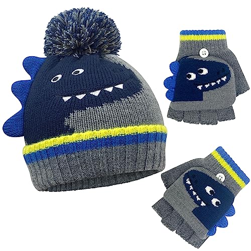 Migliore Wear Kinder Winter Mütze Handschuhe Set, Warme Winterhandschuhe Kinder Beanie Wintermütze mit Dinos Motive, Fingerlose Handschuhe für Jungen und Mädchen von Migliore Wear