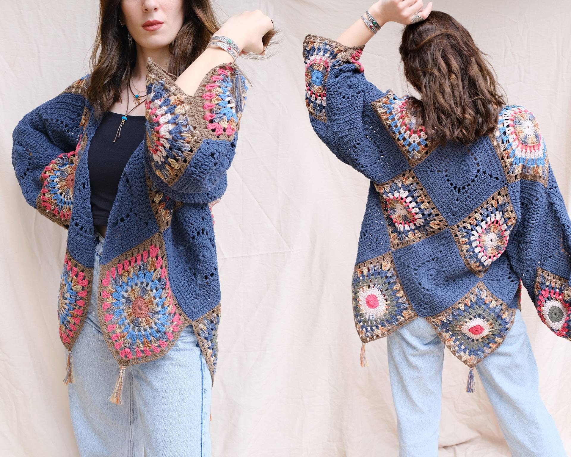 Patchwork Marineblaue Strickjacke, Boho, Damen Häkeltops, Gestrickte Saisonjacke, Geschenk Für Sie, Hippiestil, Strickpullover von MigloStore