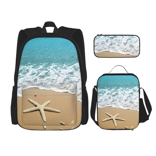 Migpkd 3D Schöne Seestern am Strand Sand Schultasche Federmäppchen Mittagessen Tasche Kombination Rucksack für Kinder Schule Büchertasche von Migpkd
