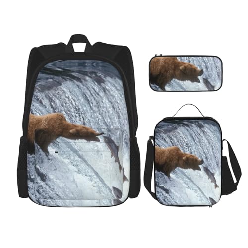 Migpkd Bear Wallpapers Schultasche, Federmäppchen, Lunch-Tasche, Kombinationsrucksack für Kinder, Schulbüchertasche von Migpkd