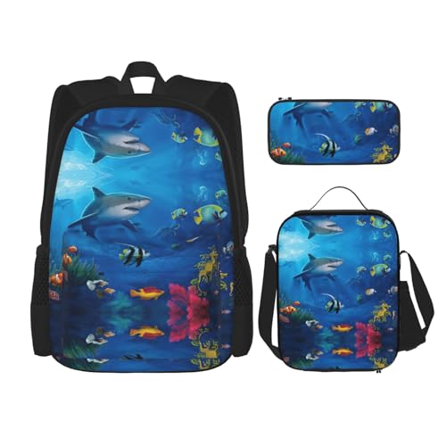 Migpkd Bunte Schultasche mit Ozean-Motiv, Federmäppchen, Lunch-Tasche, Kombinationsrucksack für Kinder, Schule, Büchertasche von Migpkd
