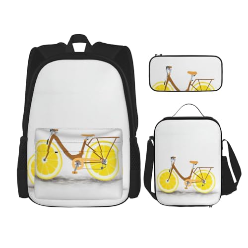 Migpkd Fahrrad-Schultasche mit Zitronenrad, Federmäppchen, Lunch-Tasche, Kombinationsrucksack für Kinder, Schulbüchertasche von Migpkd