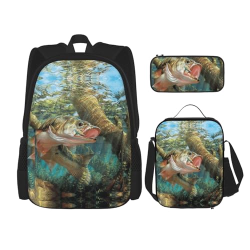 Migpkd Fisch-Schultasche, Federmäppchen, Lunch-Tasche, Kombinationsrucksack für Kinder, Schule, Büchertasche von Migpkd