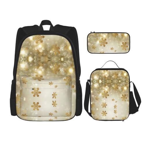 Migpkd Goldene Seiden-Weihnachts-Schultasche, Federmäppchen, Lunch-Tasche, Kombinationsrucksack für Kinder, Schule, Büchertasche von Migpkd