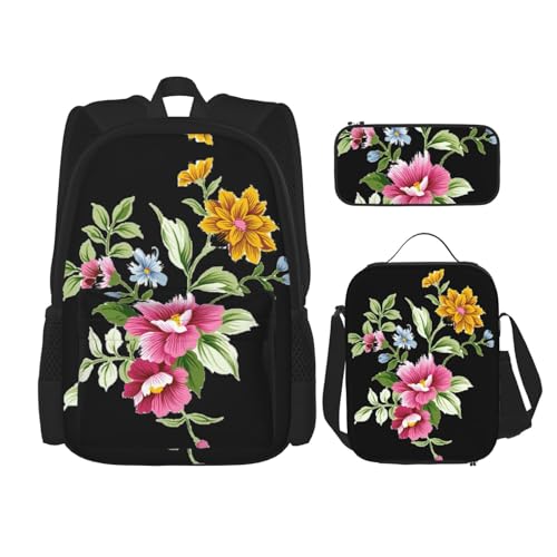 Migpkd Handbemalte Blumen-Schultasche, Federmäppchen, Lunch-Tasche, Kombinationsrucksack für Kinder, Schule, Büchertasche von Migpkd