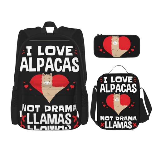 Migpkd I Love Alpacas Schultasche, Federmäppchen, Lunch-Tasche, Kombinationsrucksack für Kinder, Schulbüchertasche von Migpkd