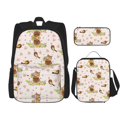Migpkd Niedliche Eulen-Schultasche, Federmäppchen, Lunch-Tasche, Kombinationsrucksack für Kinder, Schule, Büchertasche von Migpkd