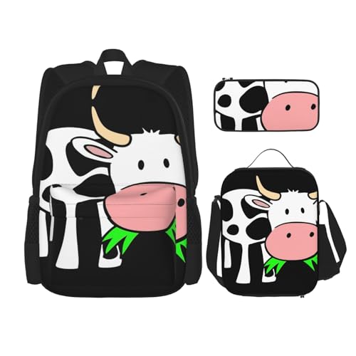 Migpkd Niedliche Kuh-Schultasche, Federmäppchen, Lunch-Tasche, Kombinationsrucksack für Kinder, Schule, Büchertasche von Migpkd