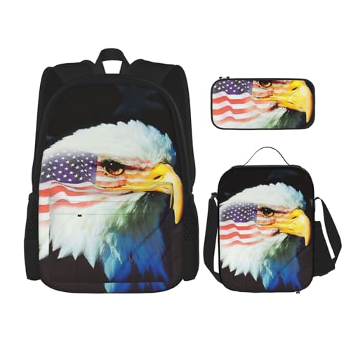Migpkd Patriotischer Adler Schultasche, Federmäppchen, Lunch-Tasche, Kombinationsrucksack für Kinder, Schule, Büchertasche von Migpkd