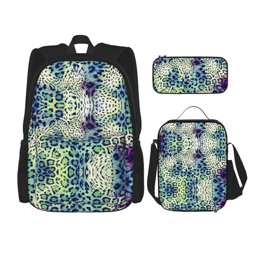 Migpkd Schultasche, Federmäppchen, Lunchtasche, Kombinationsrucksack für Kinder, Schultasche, Grün, Leopardenmuster von Migpkd