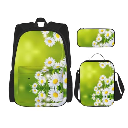 Migpkd Schultasche mit Blumenmuster und Gänseblümchen, Federmäppchen, Lunch-Tasche, Kombinationsrucksack für Kinder, Schulbüchertasche von Migpkd