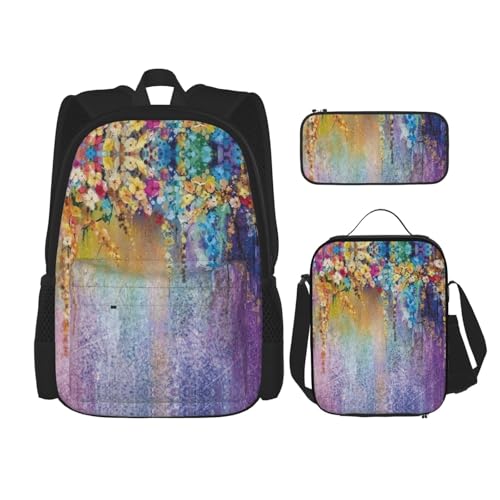 Migpkd Schultasche mit Blumensträuchern, Federmäppchen, Lunch-Tasche, Kombinationsrucksack für Kinder, Schulbüchertasche von Migpkd