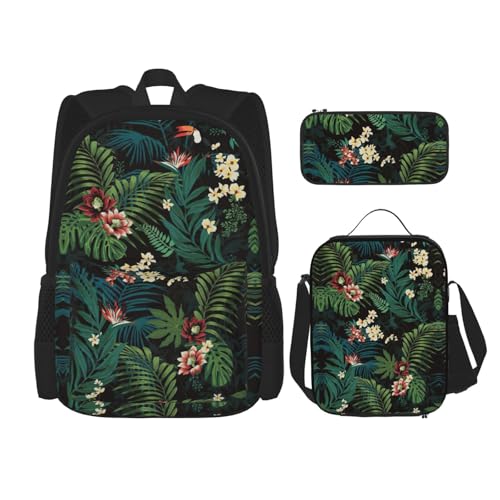 Migpkd Schultasche mit Palmblatt-Blumenmuster, Federmäppchen, Lunch-Tasche, Kombinationsrucksack für Kinder, Schule, Büchertasche von Migpkd