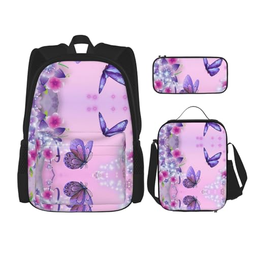 Migpkd Schultasche mit Schmetterlingen und Blumen, Federmäppchen, Lunch-Tasche, Kombinationsrucksack für Kinder, Schule, Büchertasche von Migpkd