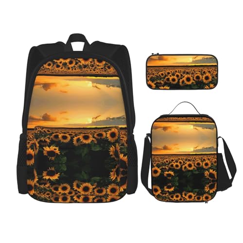 Migpkd Schultasche mit Sonnenblumen-Motiv, Federmäppchen, Lunch-Tasche, Kombinationsrucksack für Kinder, Schule, Büchertasche von Migpkd