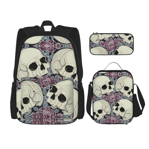 Migpkd Schultasche mit Totenkopf-Blumen, Federmäppchen, Lunch-Tasche, Kombinationsrucksack für Kinder, Schule, Büchertasche von Migpkd