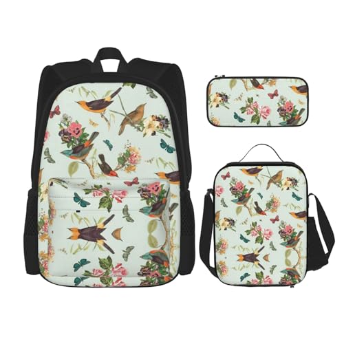 Migpkd Schultasche mit Vogelmuster, Federmäppchen, Lunch-Tasche, Kombinationsrucksack für Kinder, Schule, Büchertasche von Migpkd