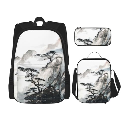 Migpkd Schultasche mit chinesischer Landschaftsmalerei, Federmäppchen, Lunch-Tasche, Kombinationsrucksack für Kinder, Schule, Büchertasche von Migpkd