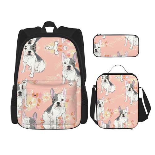 Migpkd Schultasche mit französischer Bulldogge, Federmäppchen, Lunch-Tasche, Kombinationsrucksack für Kinder, Schulbüchertasche von Migpkd