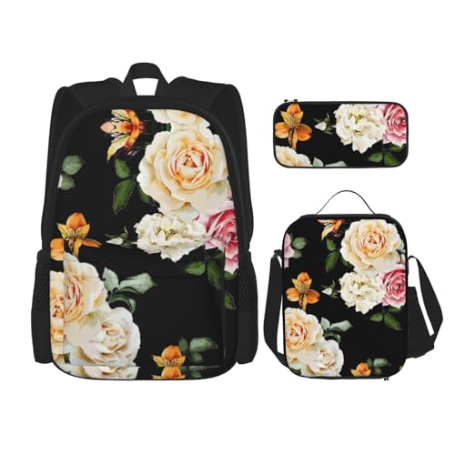Migpkd Schultasche mit rosafarbenem Blumenmuster, cremefarben, Federmäppchen, Lunch-Tasche, Kombinationsrucksack für Kinder, Schule, Büchertasche von Migpkd
